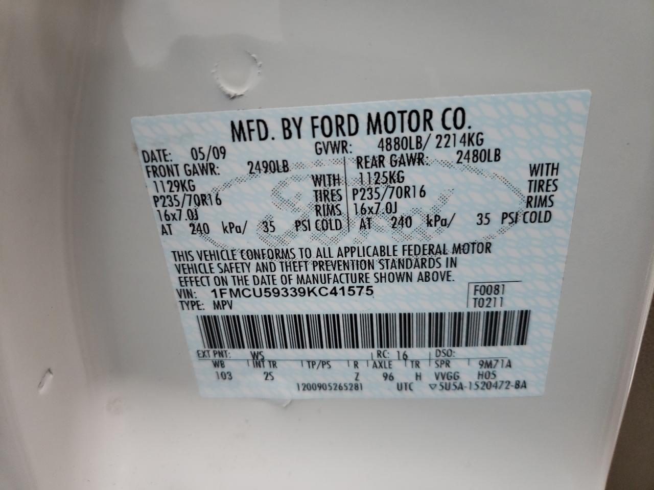 Photo 11 from auction – 2009 FORD ESCAPE HYB with VIN 1FMCU59339KC41575
