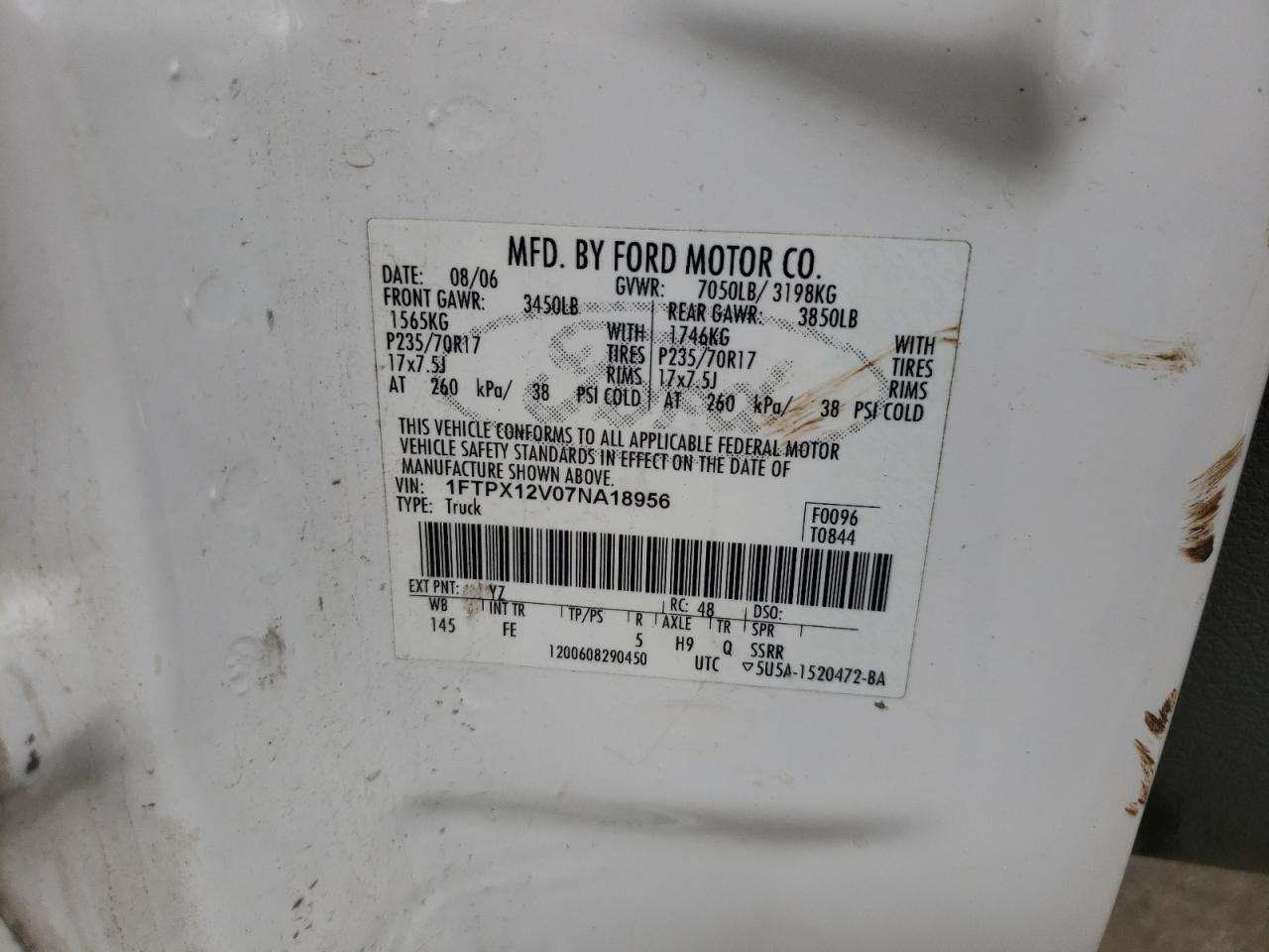 Photo 10 from auction – 2007 FORD F150 with VIN 1FTPX12V07NA18956
