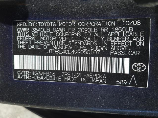 Photo 10 from auction – 2009 TOYOTA COROLLA BA with VIN JTDBL40E499080107