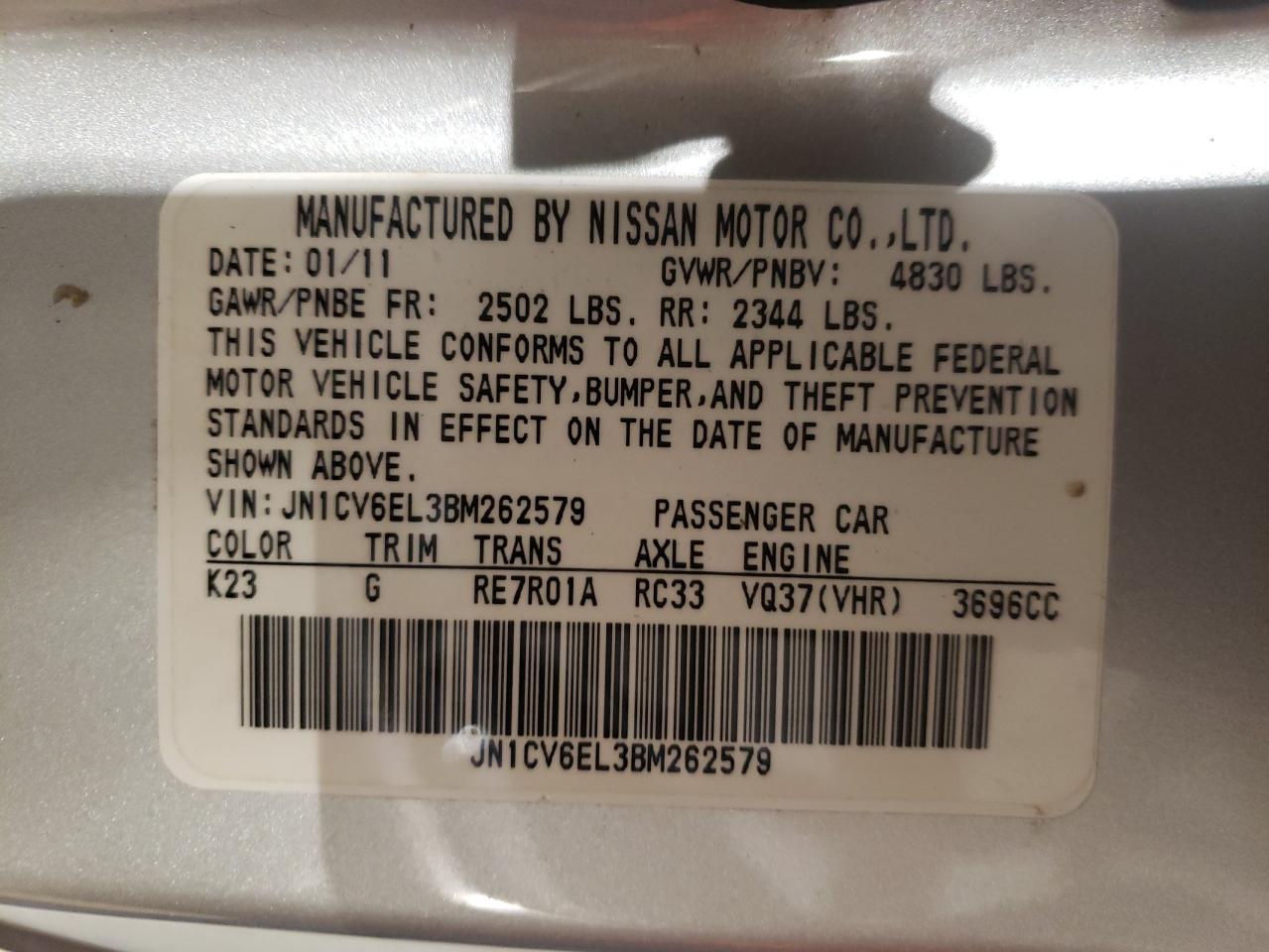 Photo 10 from auction – 2011 INFINITI G37 with VIN JN1CV6EL3BM262579