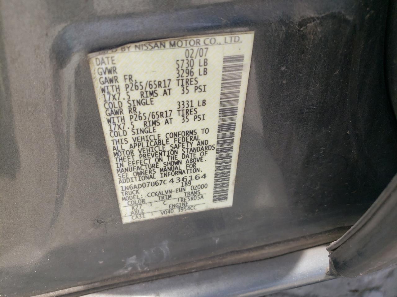 Photo 10 from auction – 2007 NISSAN FRONTIER C with VIN 1N6AD07U67C436164