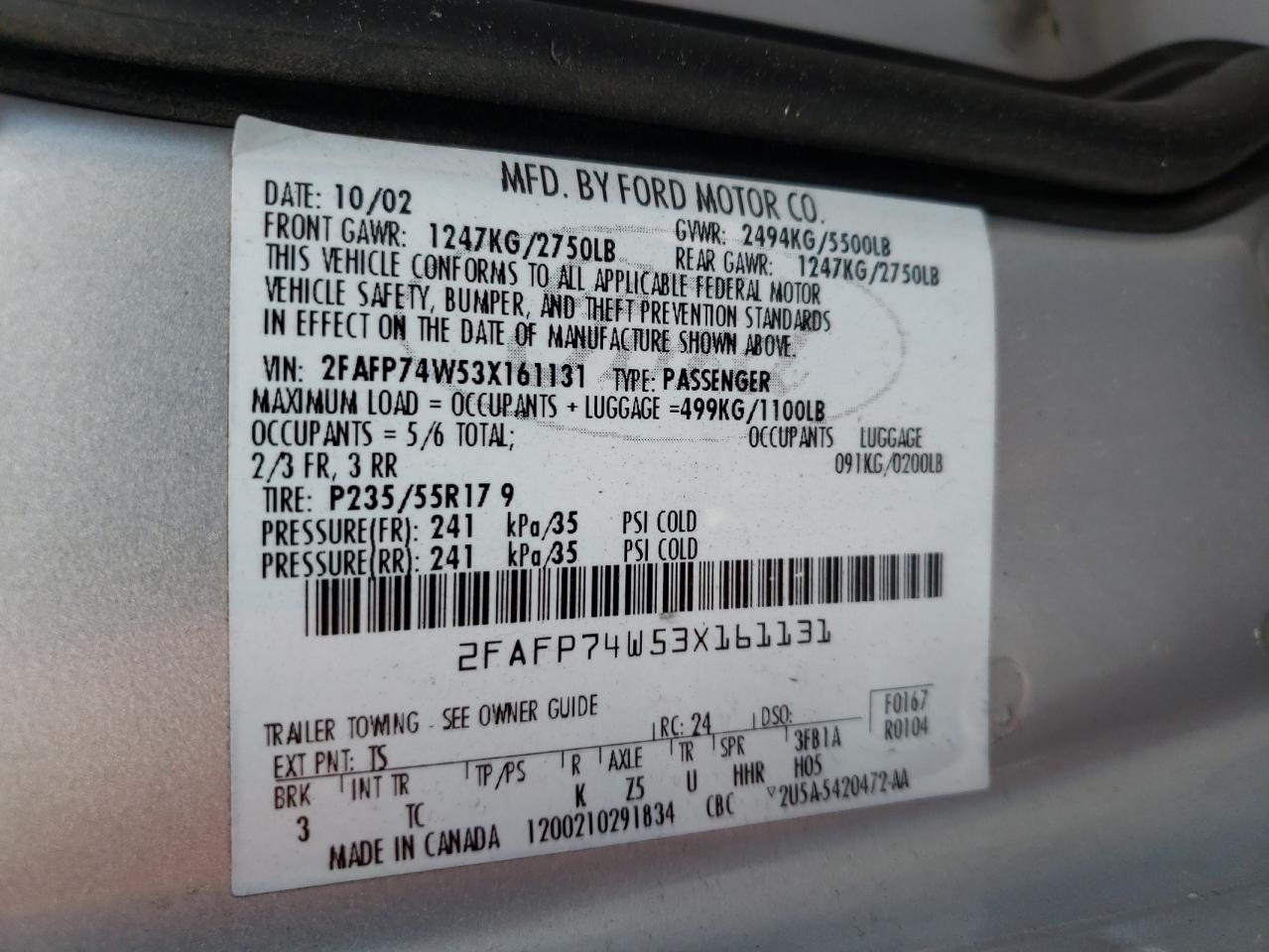 Photo 11 from auction – 2003 FORD CROWN VICT with VIN 2FAFP74W53X161131