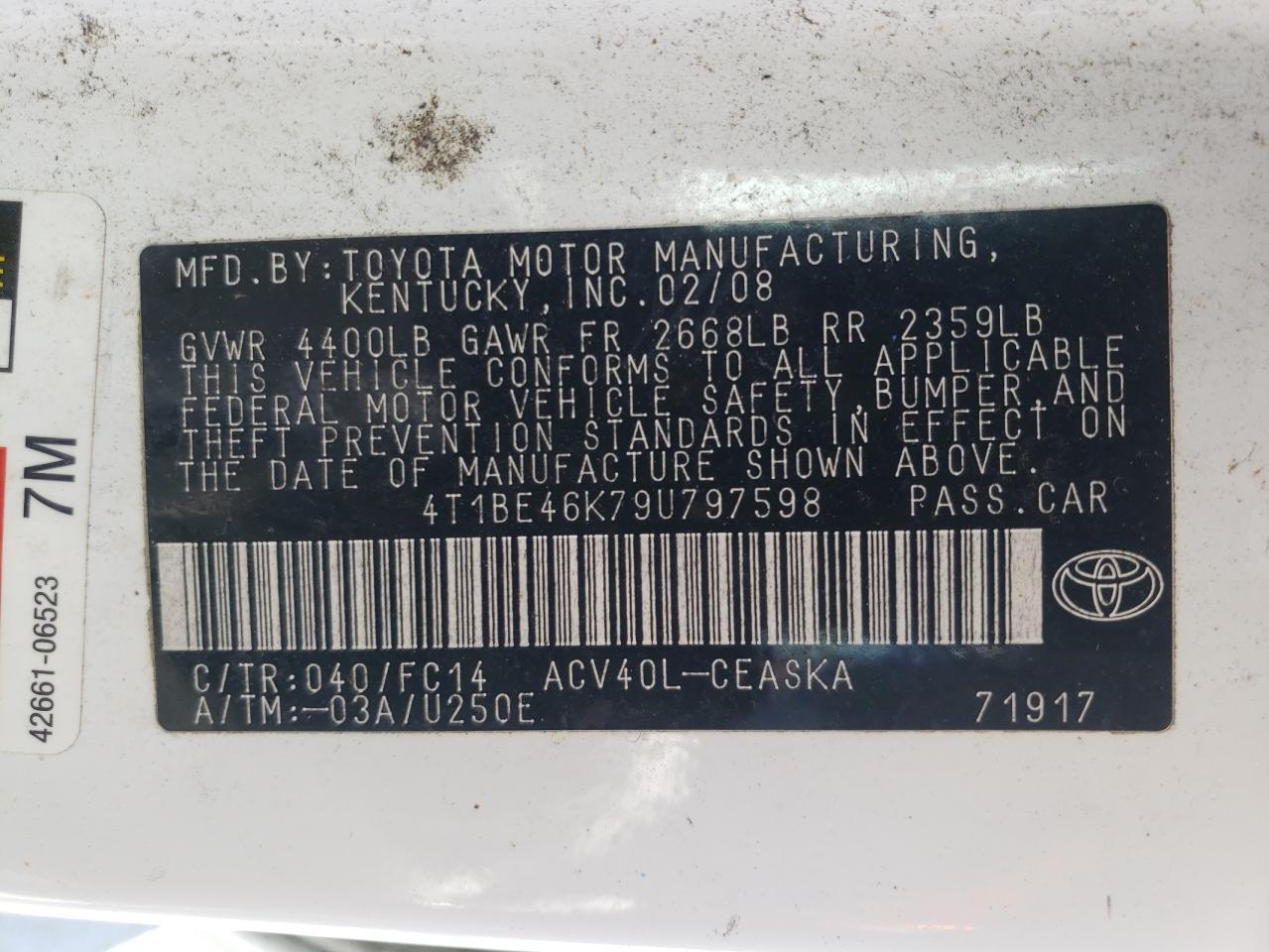Photo 10 from auction – 2009 TOYOTA CAMRY BASE with VIN 4T1BE46K79U797598