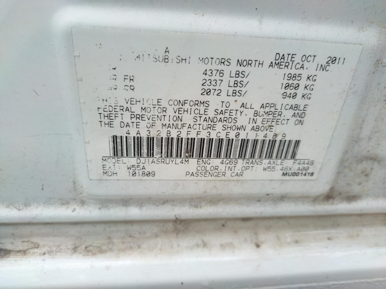 Photo 10 from auction – 2012 MITSUBISHI GALANT FE with VIN 4A32B2FF3CE011489