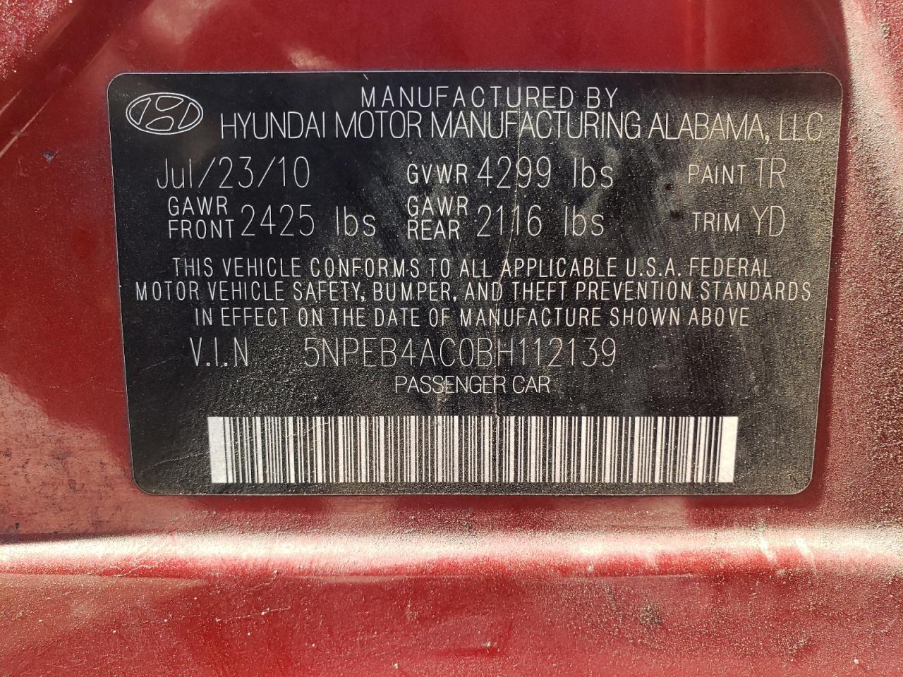 Photo 10 from auction – 2011 HYUNDAI SONATA GLS with VIN 5NPEB4AC0BH112139