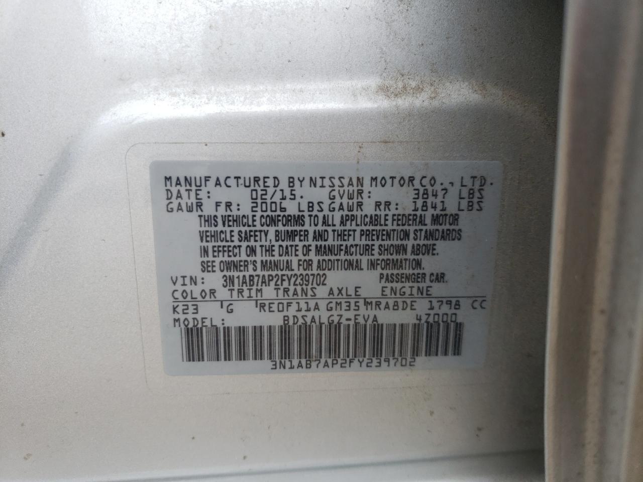 Photo 10 from auction – 2015 NISSAN SENTRA S with VIN 3N1AB7AP2FY239702