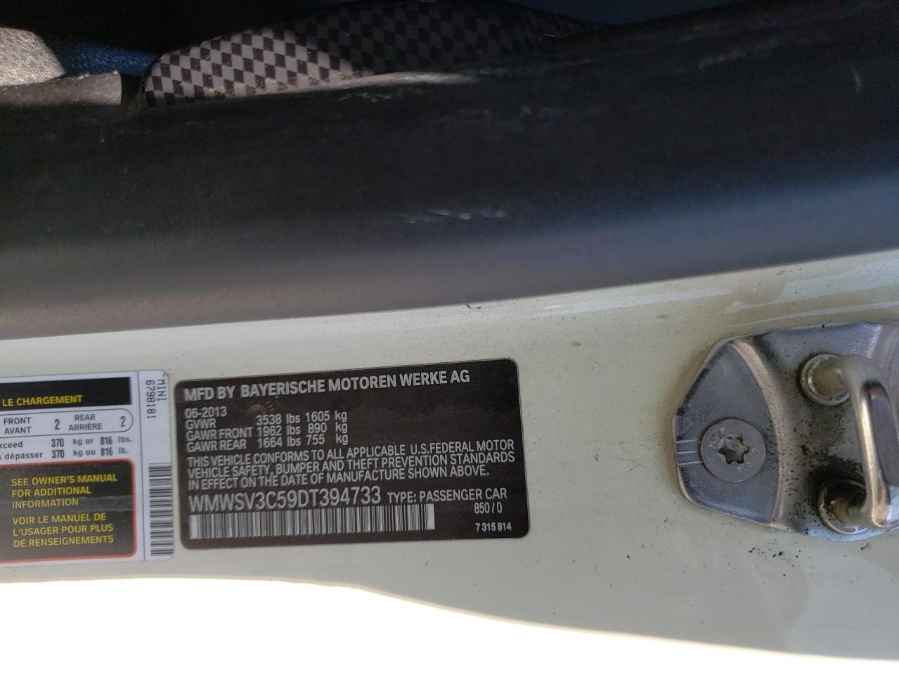 Photo 10 from auction – 2013 MINI COOPER S with VIN WMWSV3C59DT394733