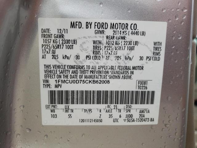Photo 10 from auction – 2012 FORD ESCAPE XLT with VIN 1FMCU0D75CKB62008