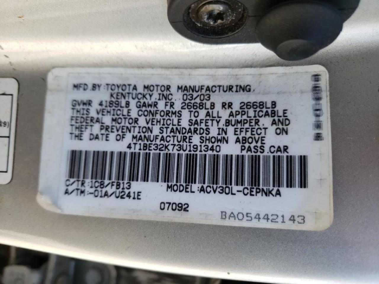 Photo 10 from auction – 2003 TOYOTA CAMRY LE with VIN 4T1BE32K73U191340