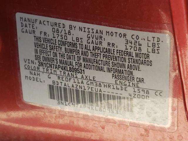 Photo 10 from auction – 2019 NISSAN VERSA S with VIN 3N1CN7AP4KL809531