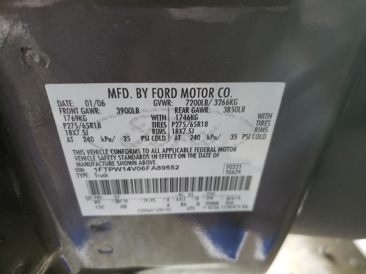 Photo 10 from auction – 2006 FORD F150 SUPER with VIN 1FTPW14V06FA89552