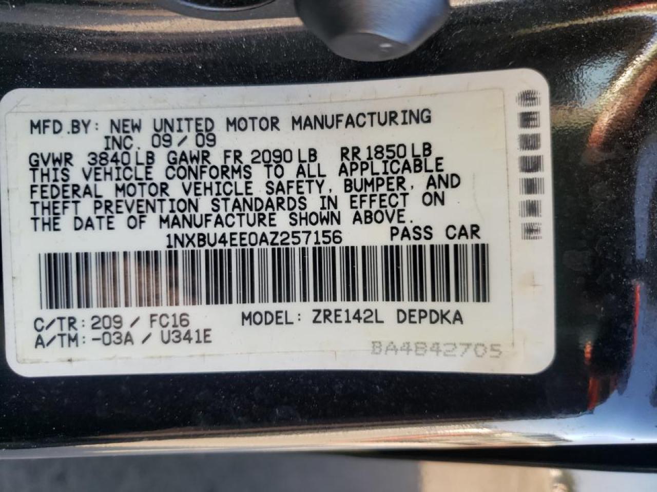 Photo 20 from auction – 2010 TOYOTA COROLLA BA with VIN 1NXBU4EE0AZ257156