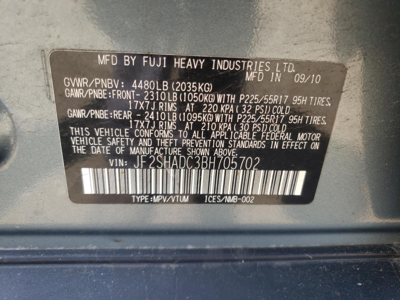 Photo 10 from auction – 2011 SUBARU FORESTER 2 with VIN JF2SHADC3BH705702
