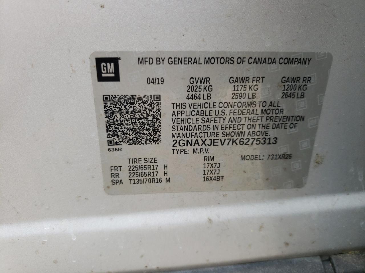 Photo 10 from auction – 2019 CHEVROLET EQUINOX LT with VIN 2GNAXJEV7K6275313