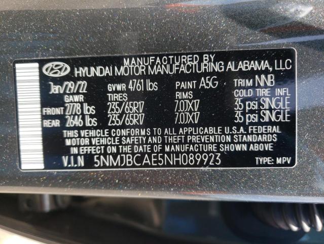 Photo 10 from auction – 2022 HYUNDAI TUCSON SEL with VIN 5NMJBCAE5NH089923