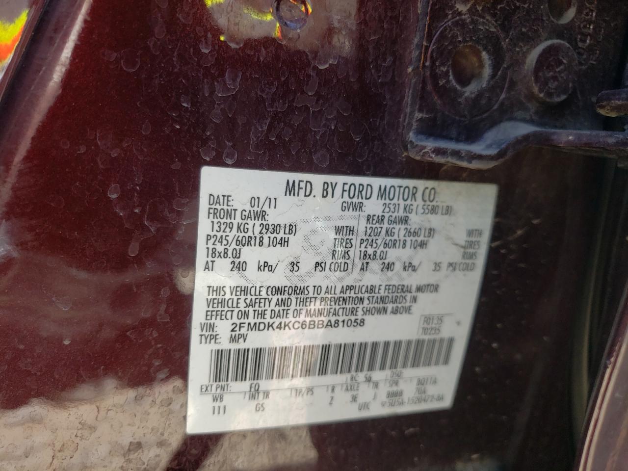 Photo 10 from auction – 2011 FORD EDGE LIMIT with VIN 2FMDK4KC6BBA81058