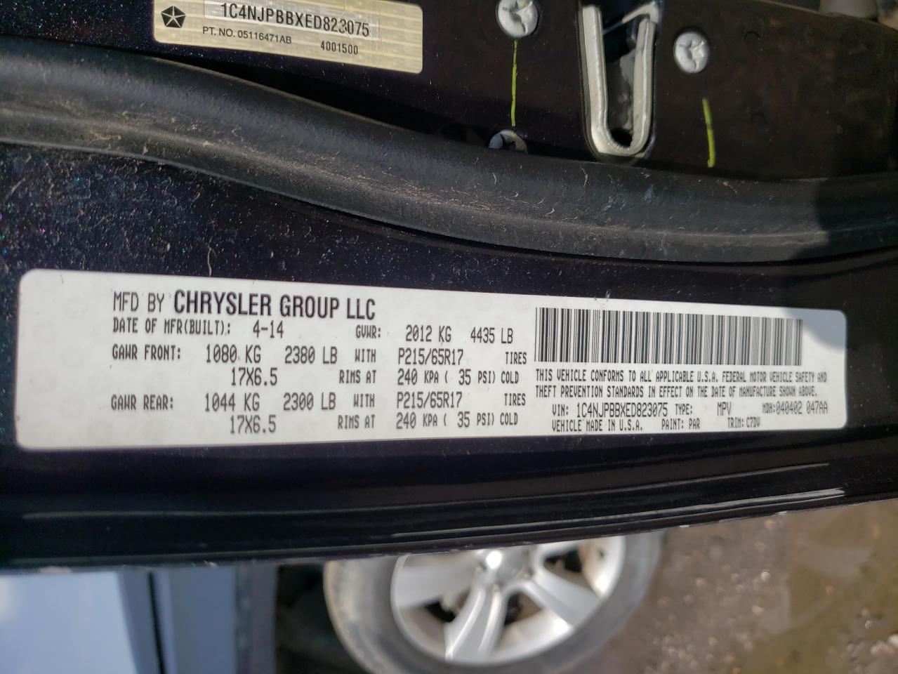 Photo 11 from auction – 2014 JEEP PATRIOT SP with VIN 1C4NJPBBXED823075