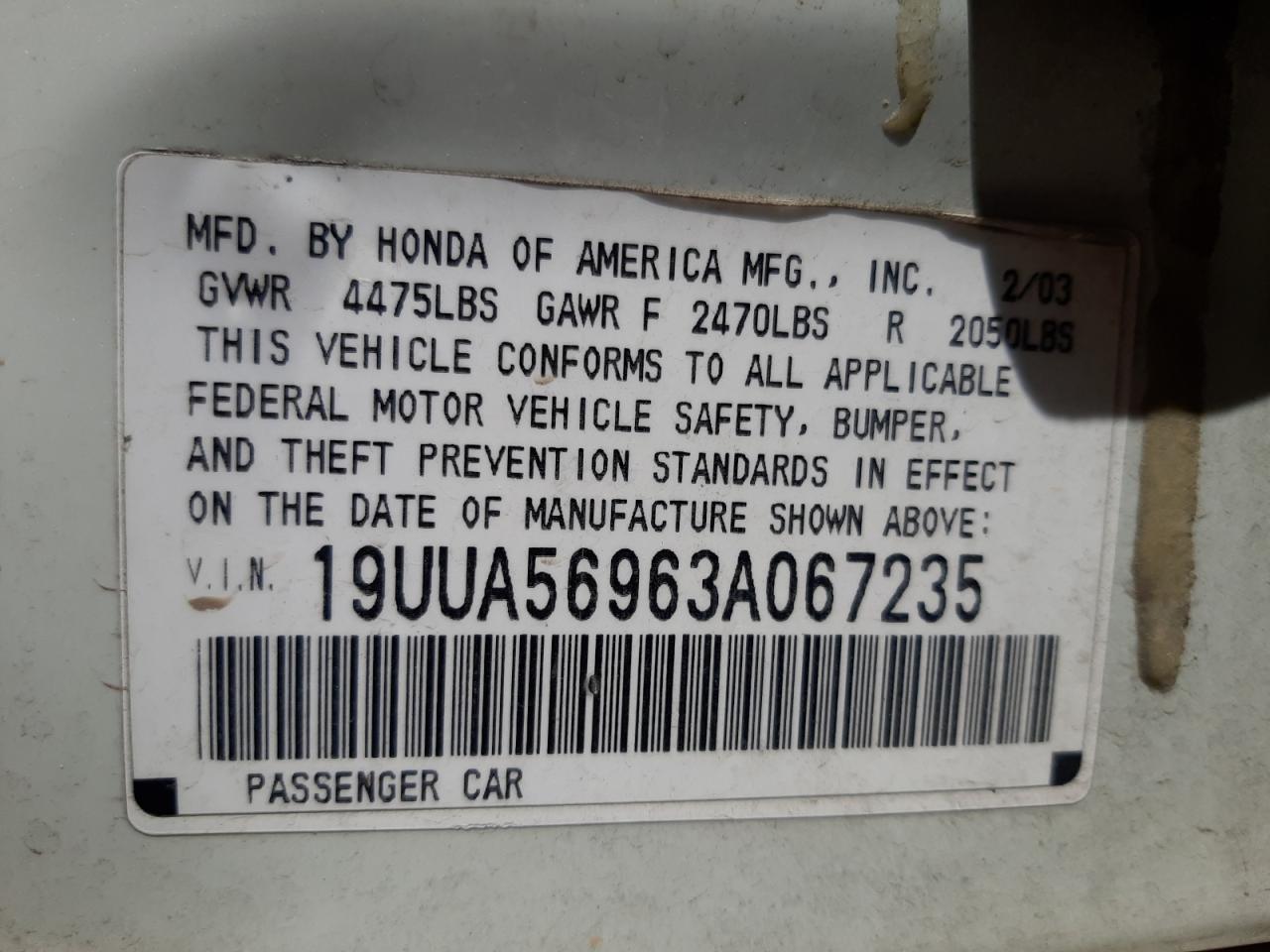 Photo 10 from auction – 2003 ACURA 3.2TL TYPE with VIN 19UUA56963A067235