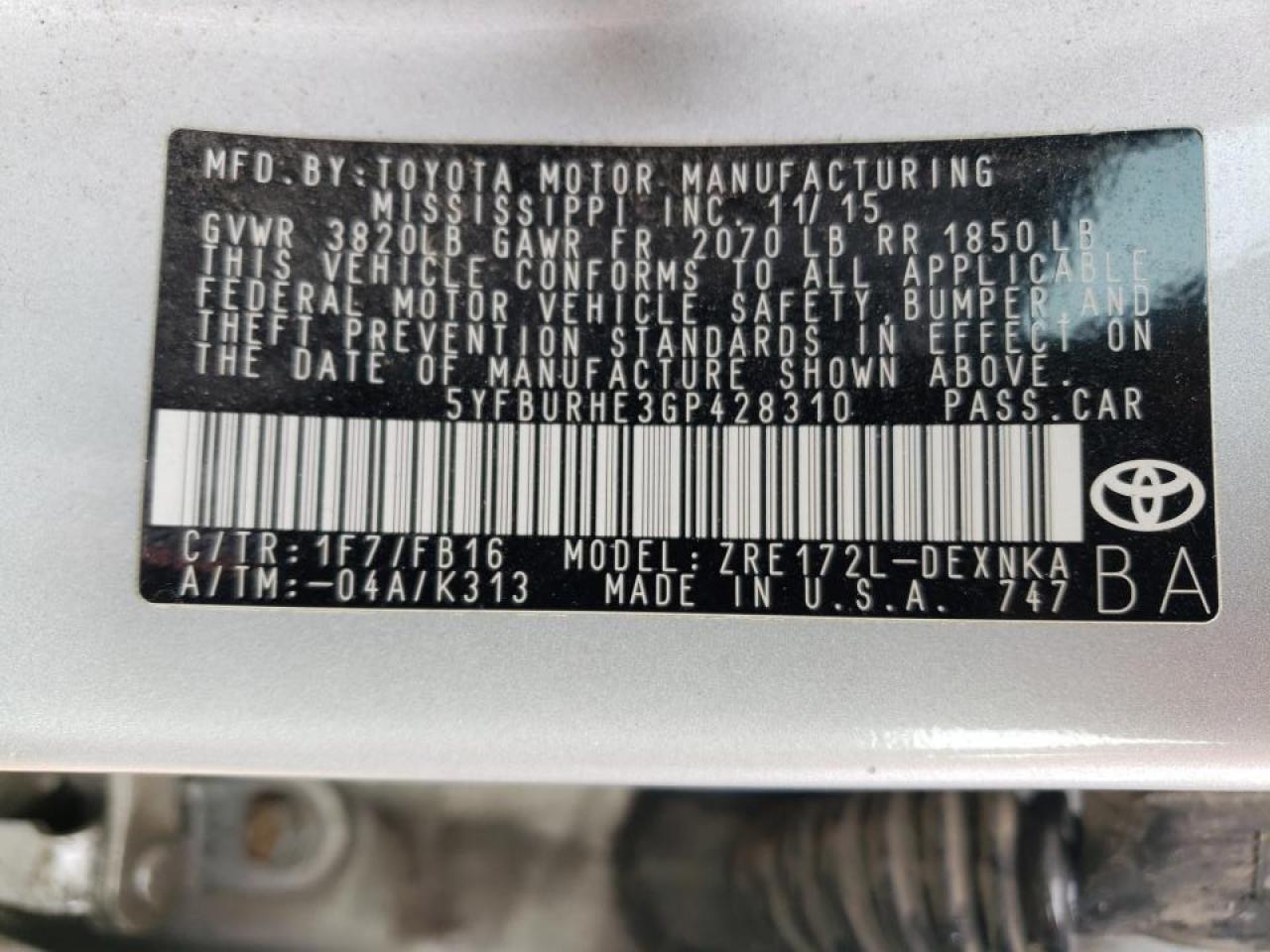 Photo 20 from auction – 2016 TOYOTA COROLLA L with VIN 5YFBURHE3GP428310