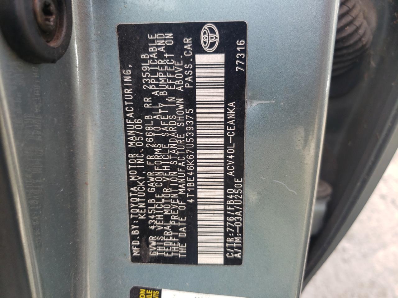 Photo 10 from auction – 2007 TOYOTA CAMRY CE with VIN 4T1BE46K67U539375