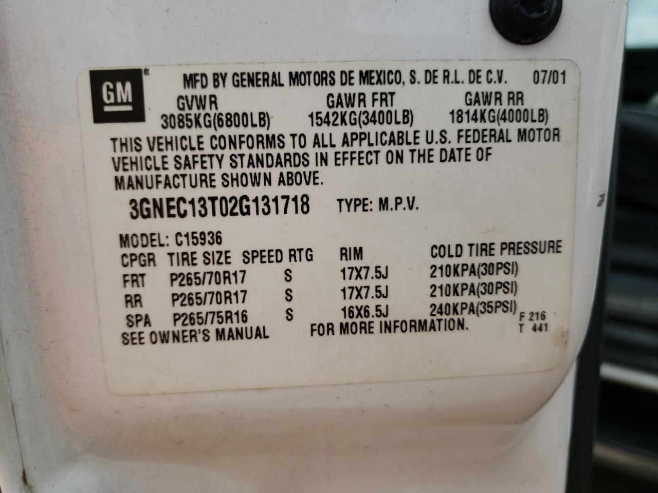 Photo 10 from auction – 2002 CHEVROLET AVALANCHE with VIN 3GNEC13T02G131718