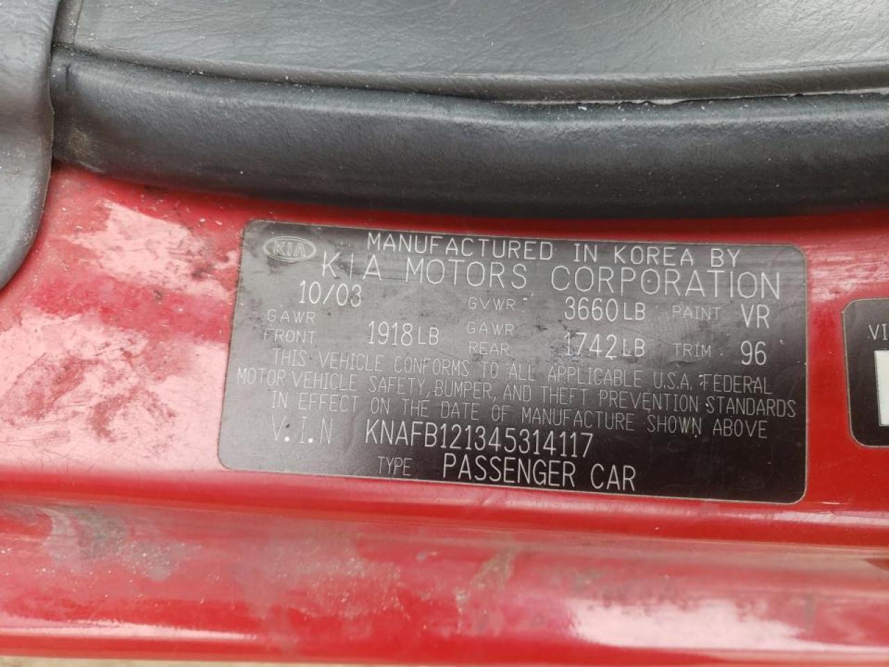 Photo 10 from auction – 2004 KIA SPECTRA BA with VIN KNAFB121345314117