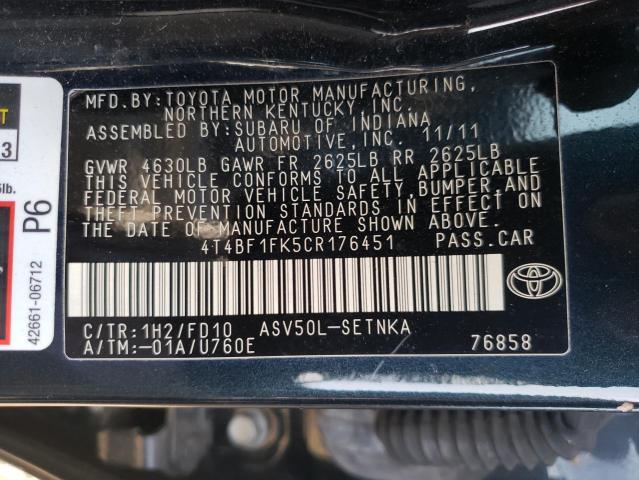 Photo 10 from auction – 2012 TOYOTA CAMRY BASE with VIN 4T4BF1FK5CR176451