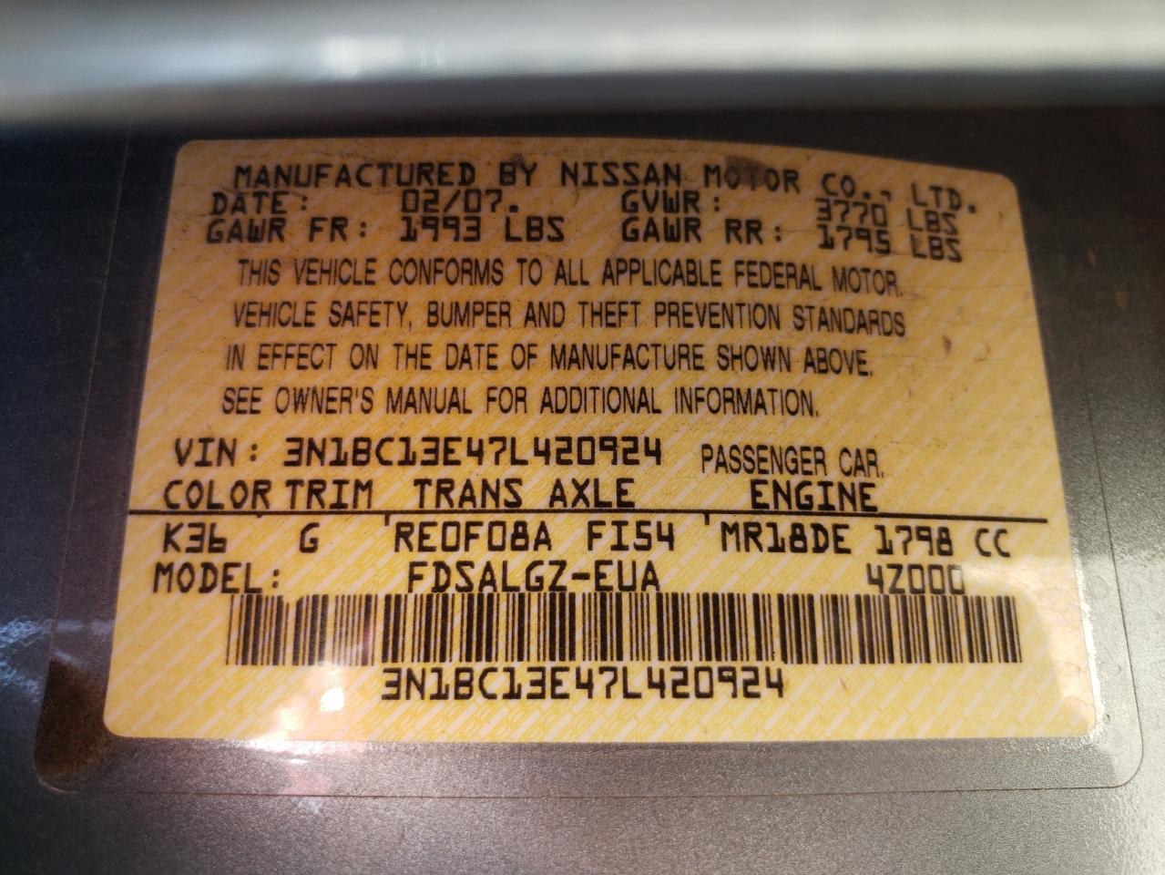 Photo 10 from auction – 2007 NISSAN VERSA with VIN 3N1BC13E47L420924