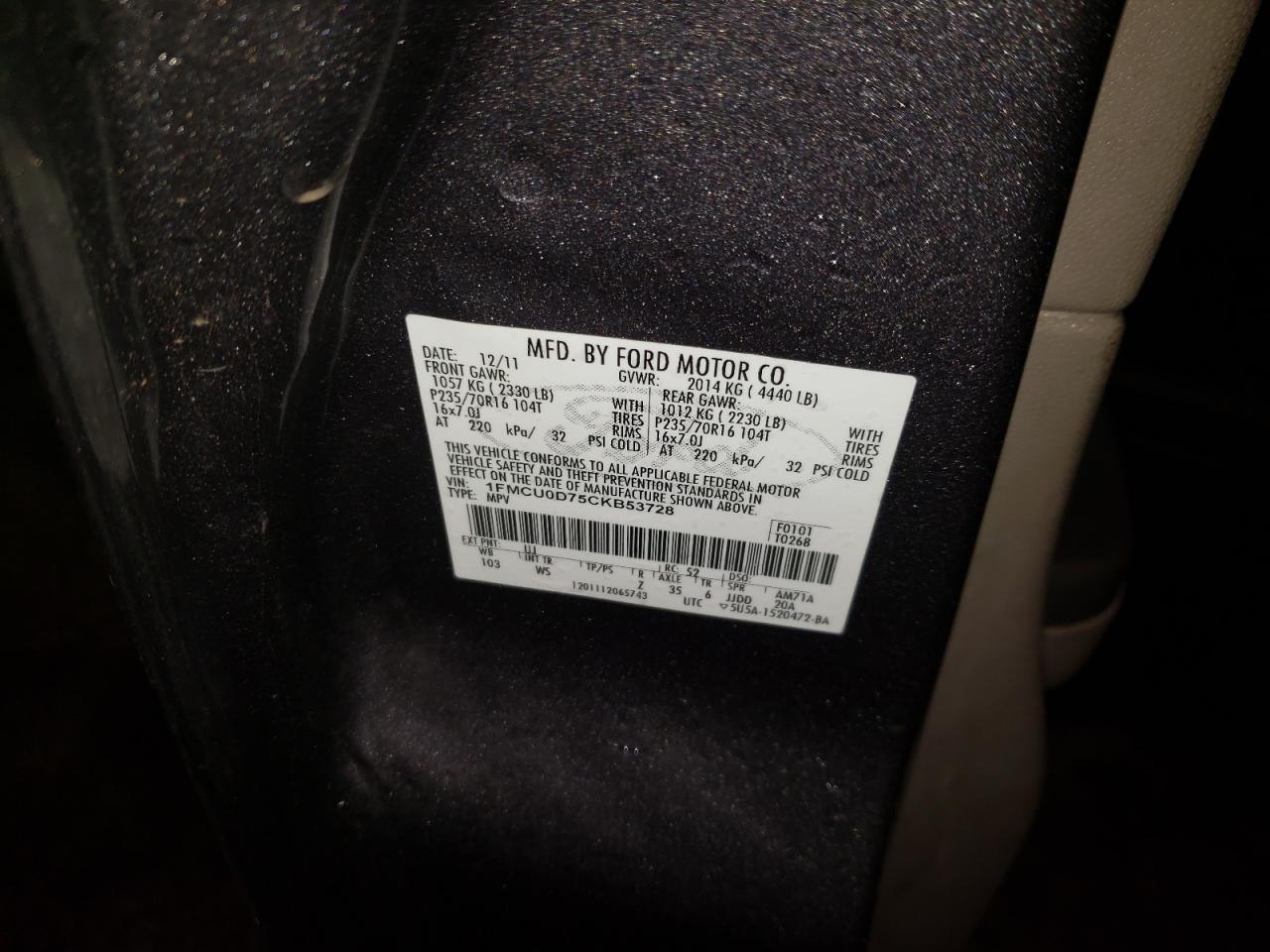 Photo 10 from auction – 2012 FORD ESCAPE XLT with VIN 1FMCU0D75CKB53728