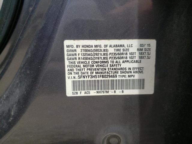 HONDA PILOT EXL 2015 with VIN 5FNYF3H51FB029469 - Photo from auction