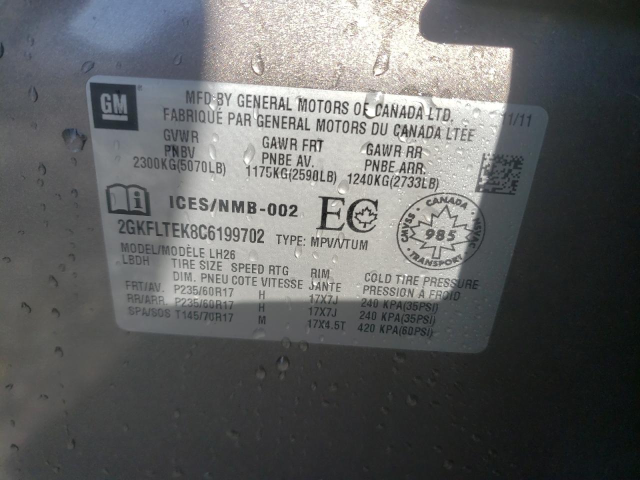 Photo 10 from auction – 2012 GMC TERRAIN SL with VIN 2GKFLTEK8C6199702