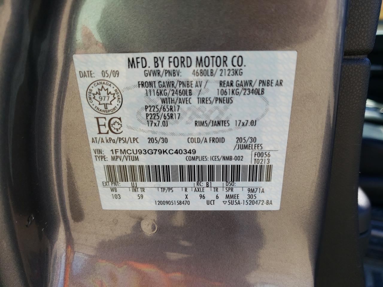 Photo 10 from auction – 2009 FORD ESCAPE XLT with VIN 1FMCU93G79KC40349