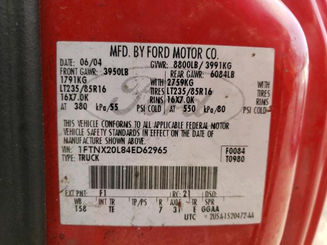 FORD F250 SUPER 2004 with VIN 1FTNX20L84ED62965 - Photo from auction