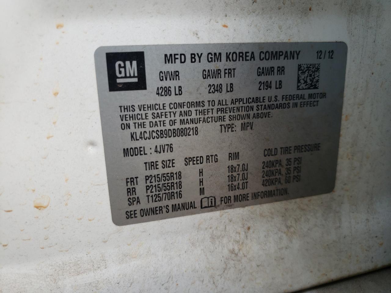 Photo 10 from auction – 2013 BUICK ENCORE with VIN KL4CJCSB9DB080218