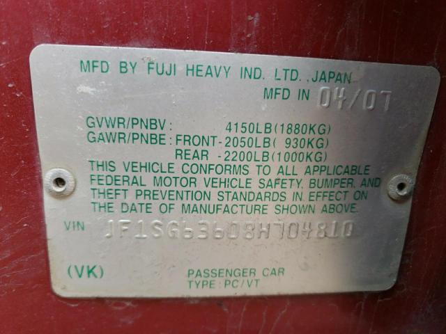 Photo 10 from auction – 2008 SUBARU FORESTER 2 with VIN JF1SG63608H704810