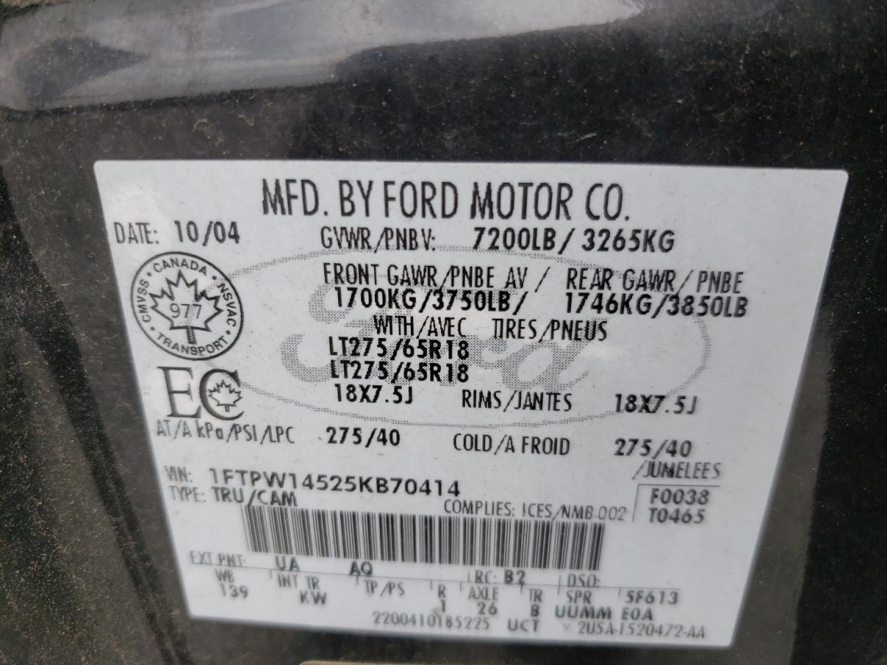 Photo 10 from auction – 2005 FORD F150 SUPER with VIN 1FTPW14525KB70414