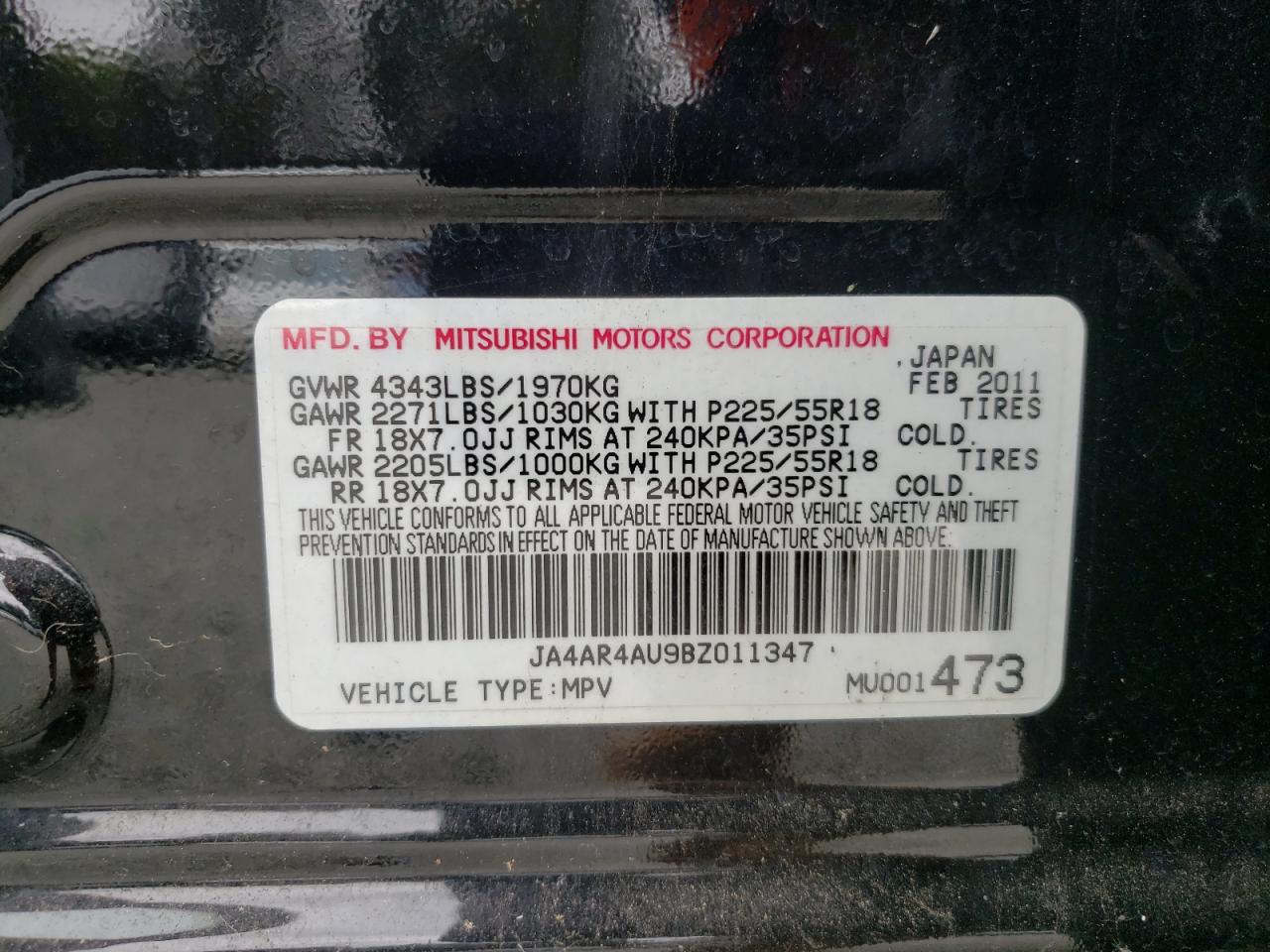 Photo 11 from auction – 2011 MITSUBISHI OUTLANDER with VIN JA4AR4AU9BZ011347