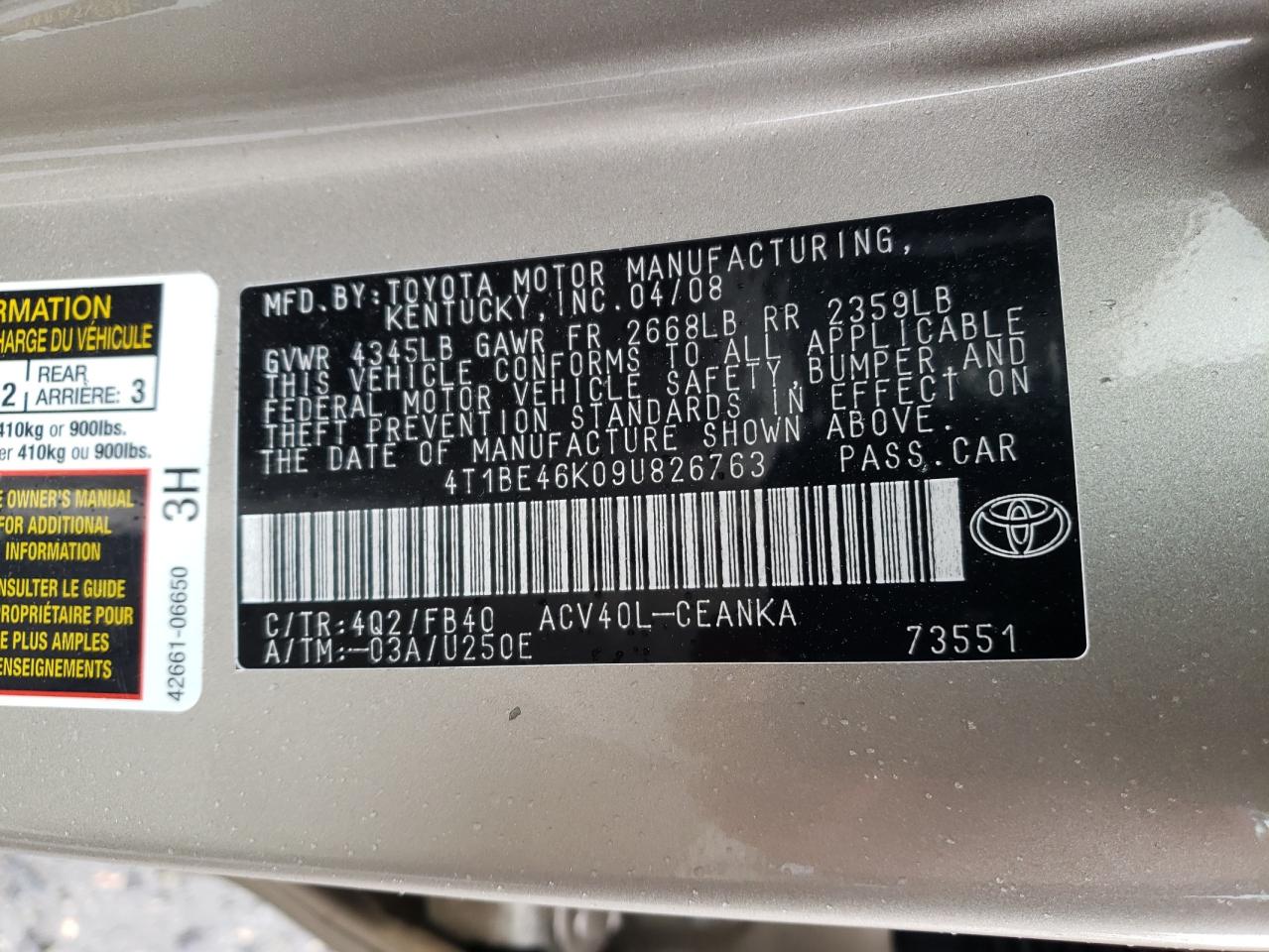 Photo 10 from auction – 2009 TOYOTA CAMRY BASE with VIN 4T1BE46K09U826763
