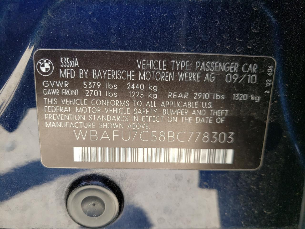 Photo 10 from auction – 2011 BMW 535 XI with VIN WBAFU7C58BC778303