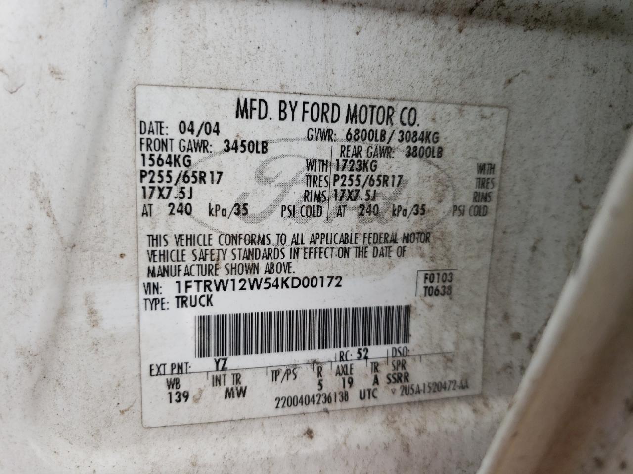 Photo 10 from auction – 2004 FORD F150 SUPER with VIN 1FTRW12W54KD00172