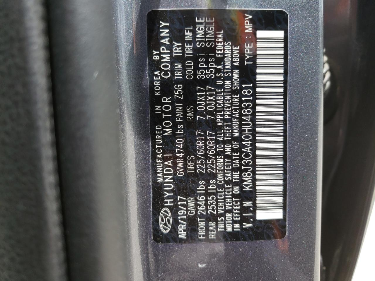 Photo 10 from auction – 2017 HYUNDAI TUCSON LIM with VIN KM8J3CA40HU483181