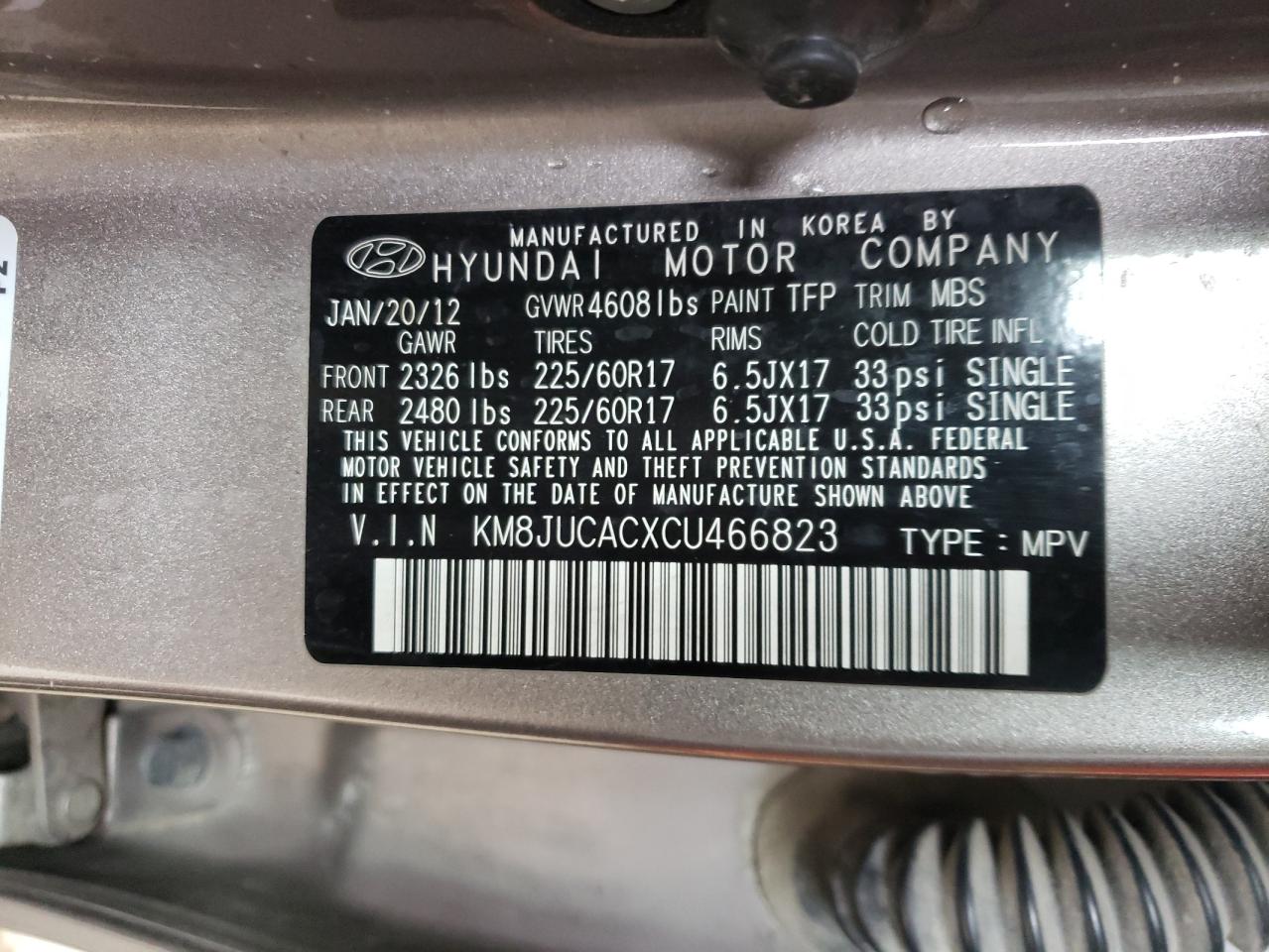 Photo 10 from auction – 2012 HYUNDAI TUCSON GLS with VIN KM8JUCACXCU466823