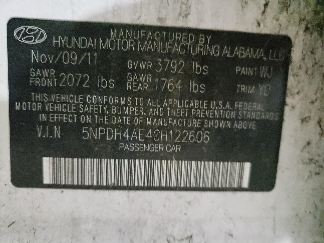 Photo 11 from auction – 2012 HYUNDAI ELANTRA GL with VIN 5NPDH4AE4CH122606