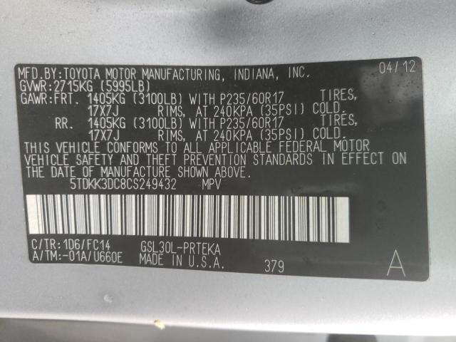 Photo 10 from auction – 2012 TOYOTA SIENNA LE with VIN 5TDKK3DC8CS249432