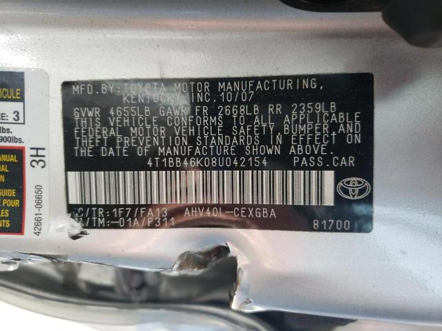 Photo 10 from auction – 2008 TOYOTA CAMRY HYBR with VIN 4T1BB46K08U042154