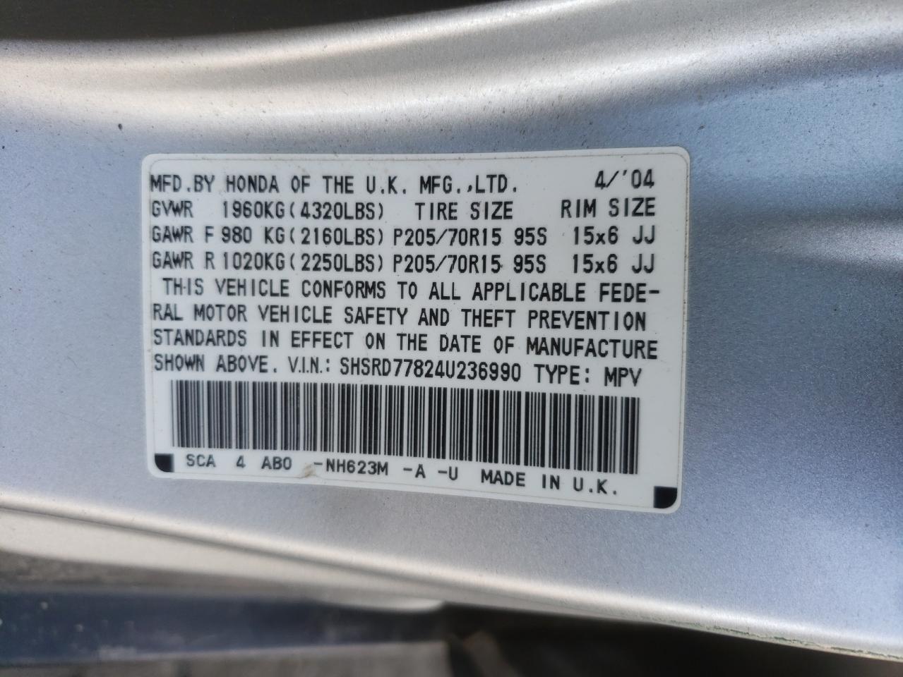 Photo 11 from auction – 2004 HONDA CR-V EX with VIN SHSRD77824U236990