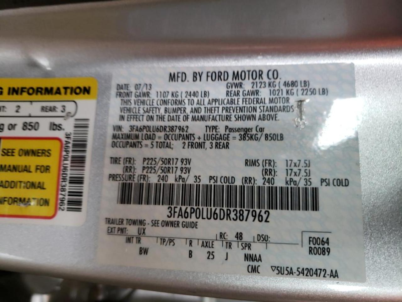 Photo 10 from auction – 2013 FORD FUSION SE with VIN 3FA6P0LU6DR387962