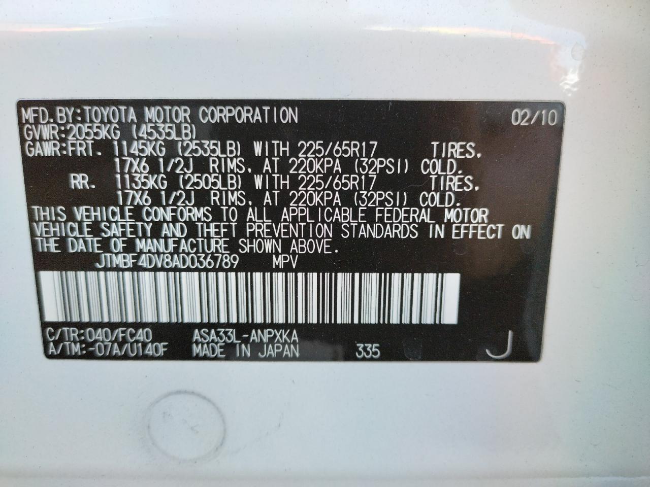 Photo 10 from auction – 2010 TOYOTA RAV4 with VIN JTMBF4DV8AD036789