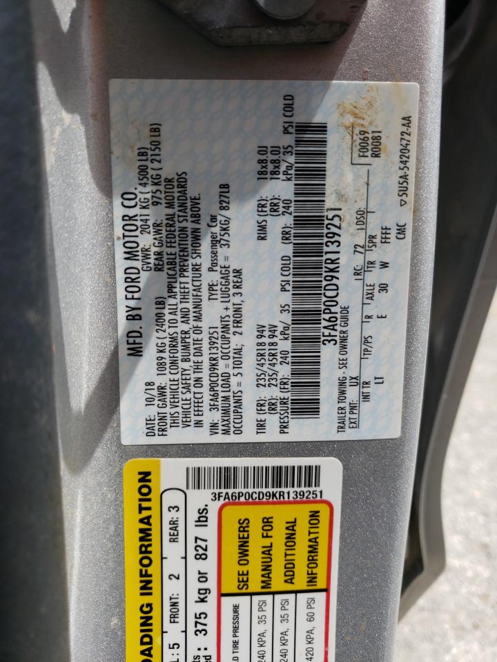 Photo 10 from auction – 2019 FORD FUSION SEL with VIN 3FA6P0CD9KR139251