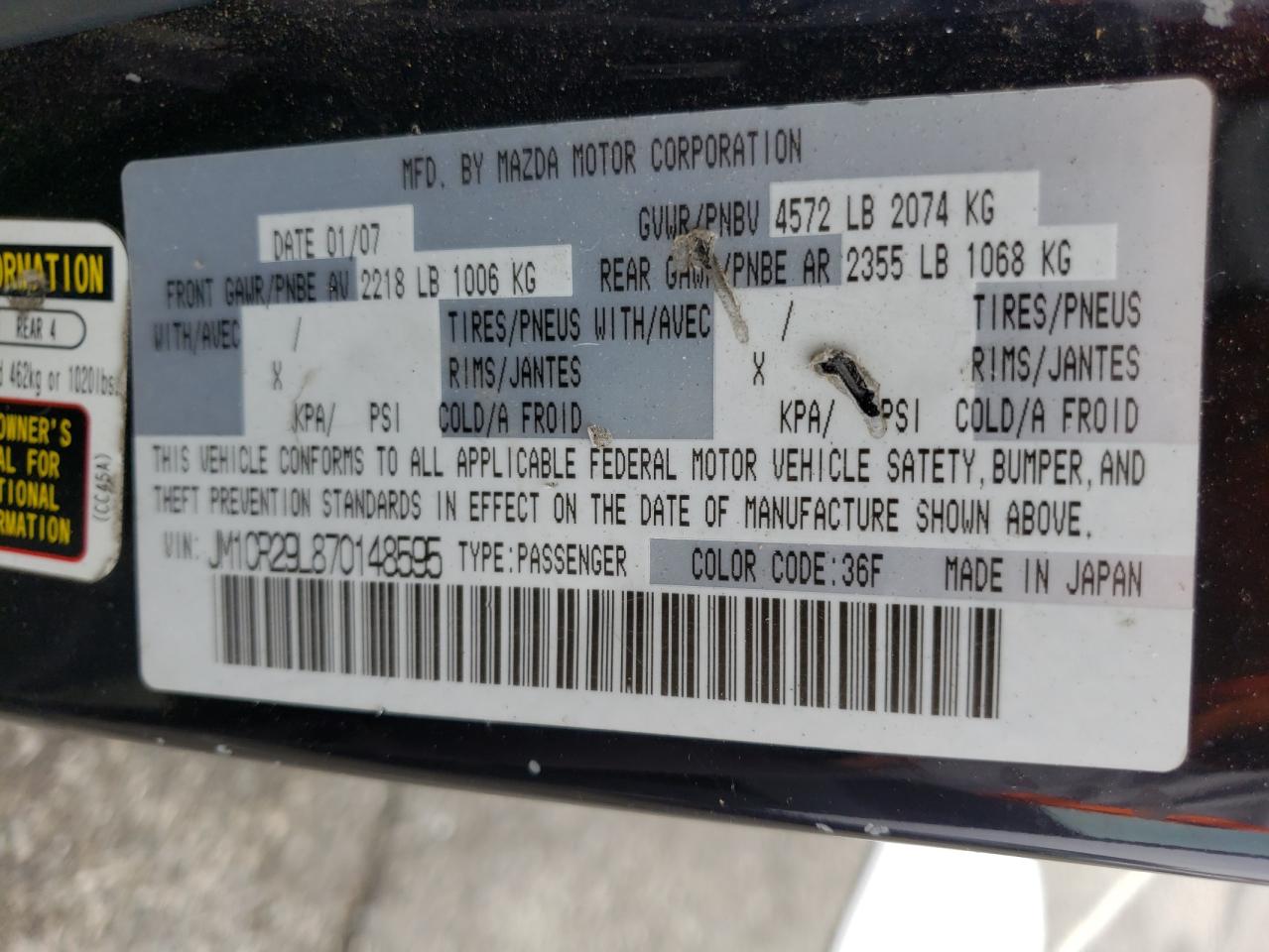 Photo 10 from auction – 2007 MAZDA 5 with VIN JM1CR29L870148595